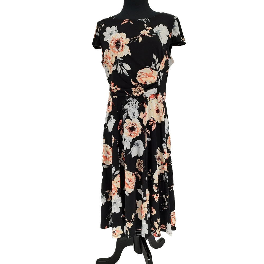 Studio One N.Y. Black Textured Floral Fit&Flare Dress SZ- M Lined Bodice Pull-on